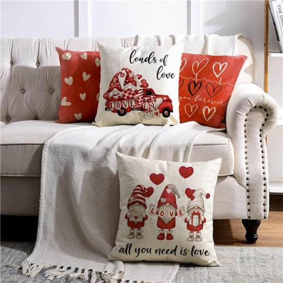 4 Pcs Valentine's Day Pillow Cover Watercolor Red 18x18 Inches - Picture 3 of 7